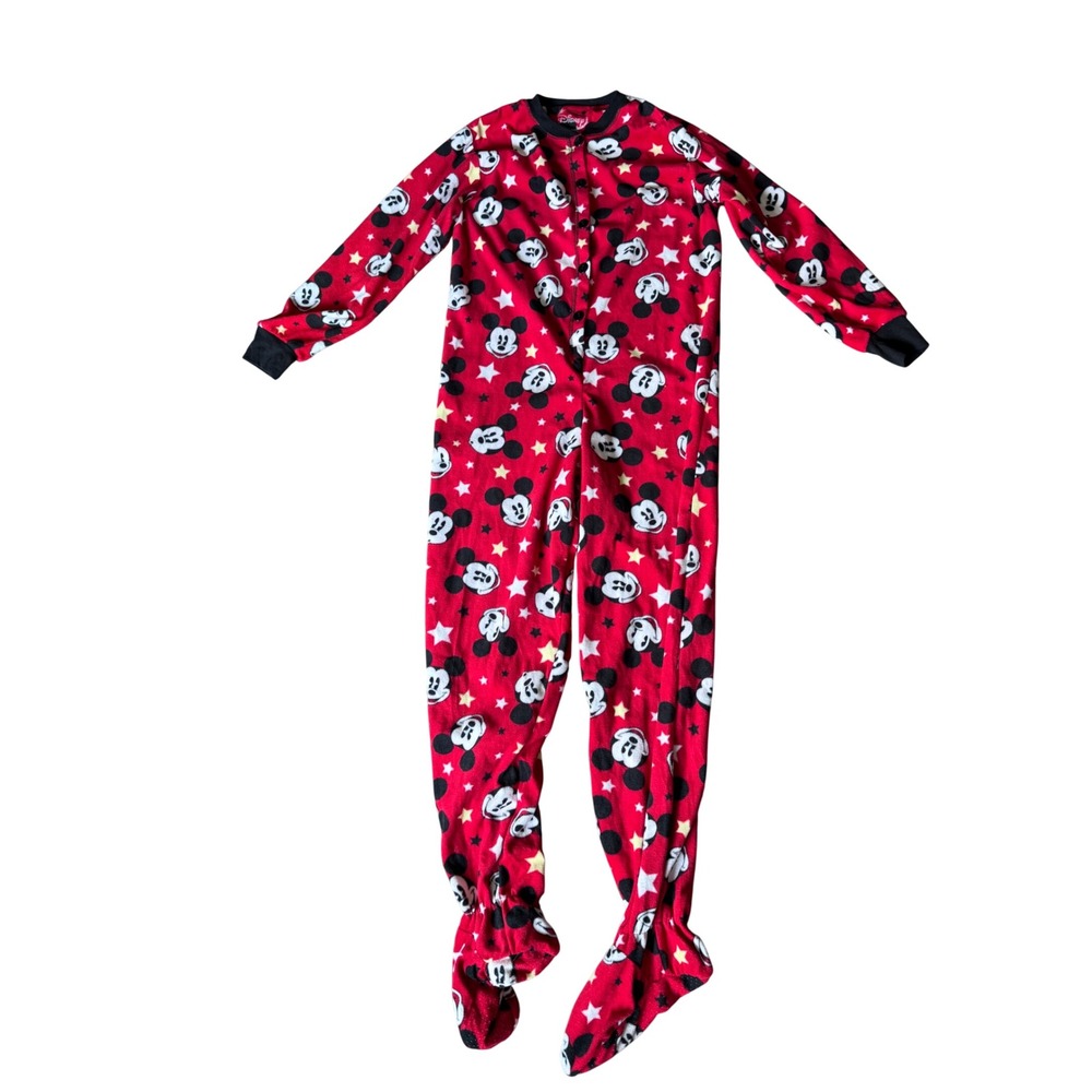 Disney Mickey Mouse Red Fleece Footed Union Suit Pajamas Womens Medium 7/9 Star